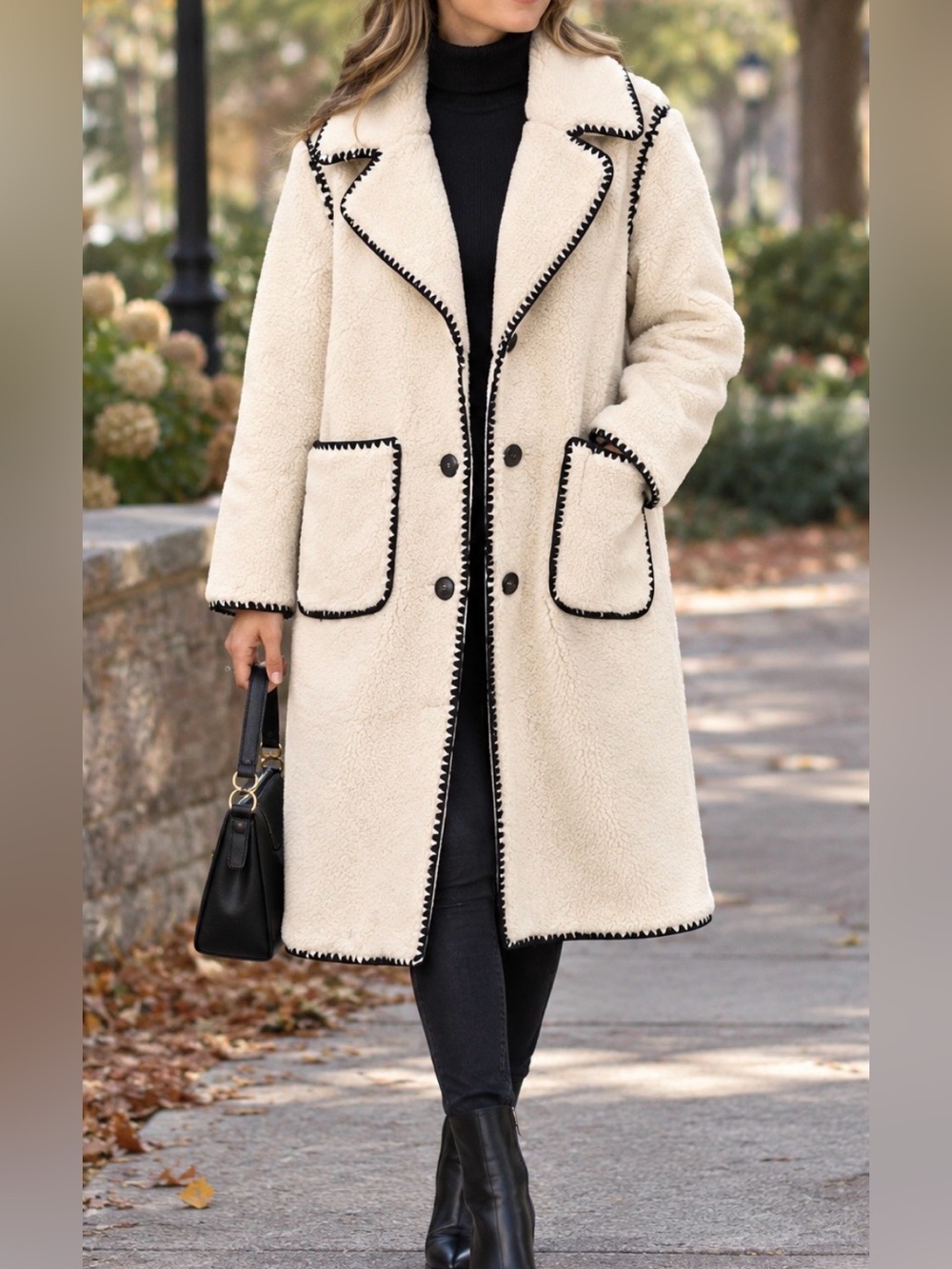 Bernardo Winslow Faux Fur Coat mid calf length winter white, black trim pockets